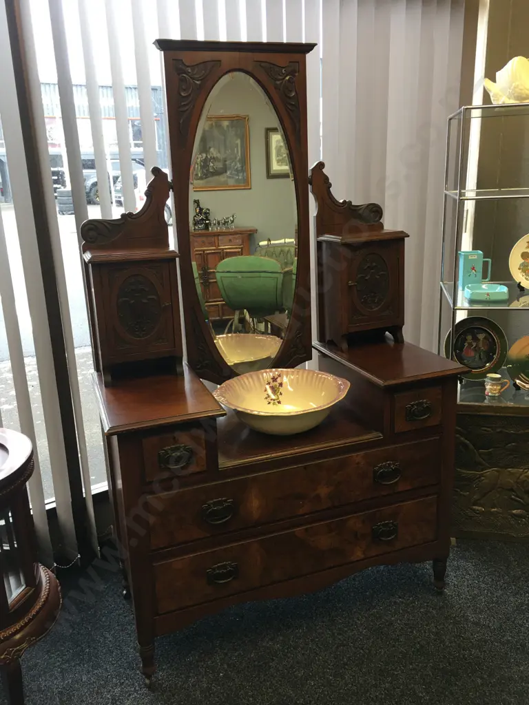 Edwardian Walnut & Burr Walnut Dressing Table, Carved, Bevelled Oval Mirror, Original Handles & Castors, H176 W107 D49cm Image 1++